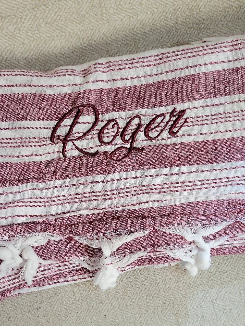 ROGER Personalized Striped Turkish Cabana Beach Bath Towel - Burgundy and White